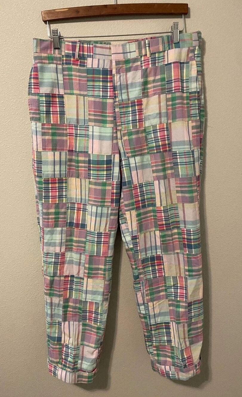 Vintage Hand Tailored Pants Mens 38x30 Multicolor Patchwork Madras Chino READ
